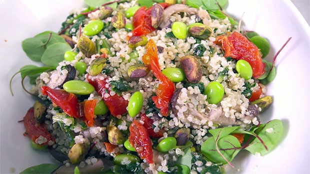 Quinoa Pilaf with Pistachios, Edamame and Shitake Mushrooms