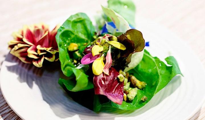 Bouquet of Flower Salad with Cream and Chopped Pistachios 