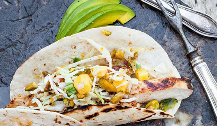 GRILLED CHICKEN TACOS WITH MANGO PISTACHIO SLAW