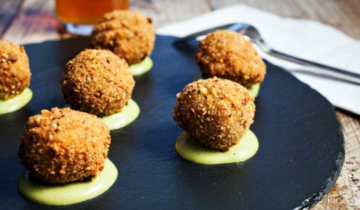 Crispy Pork Fritters with Pistachio Green Goddess 