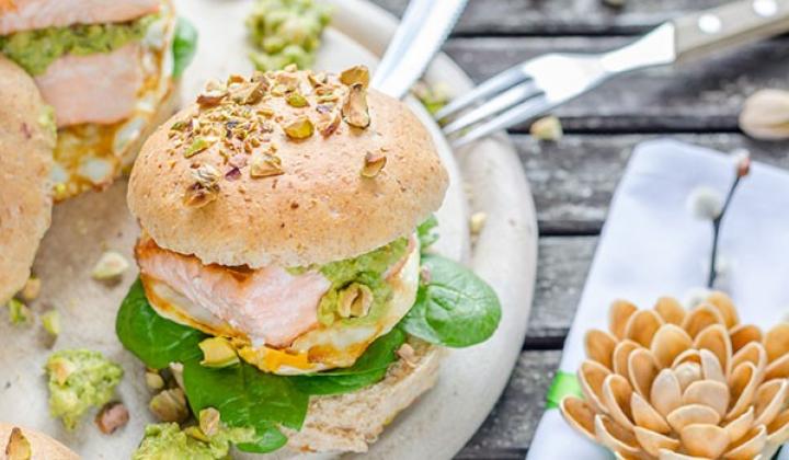 Pistachio Burger with Salmon, Fried Egg, and Pistachio Guacamole